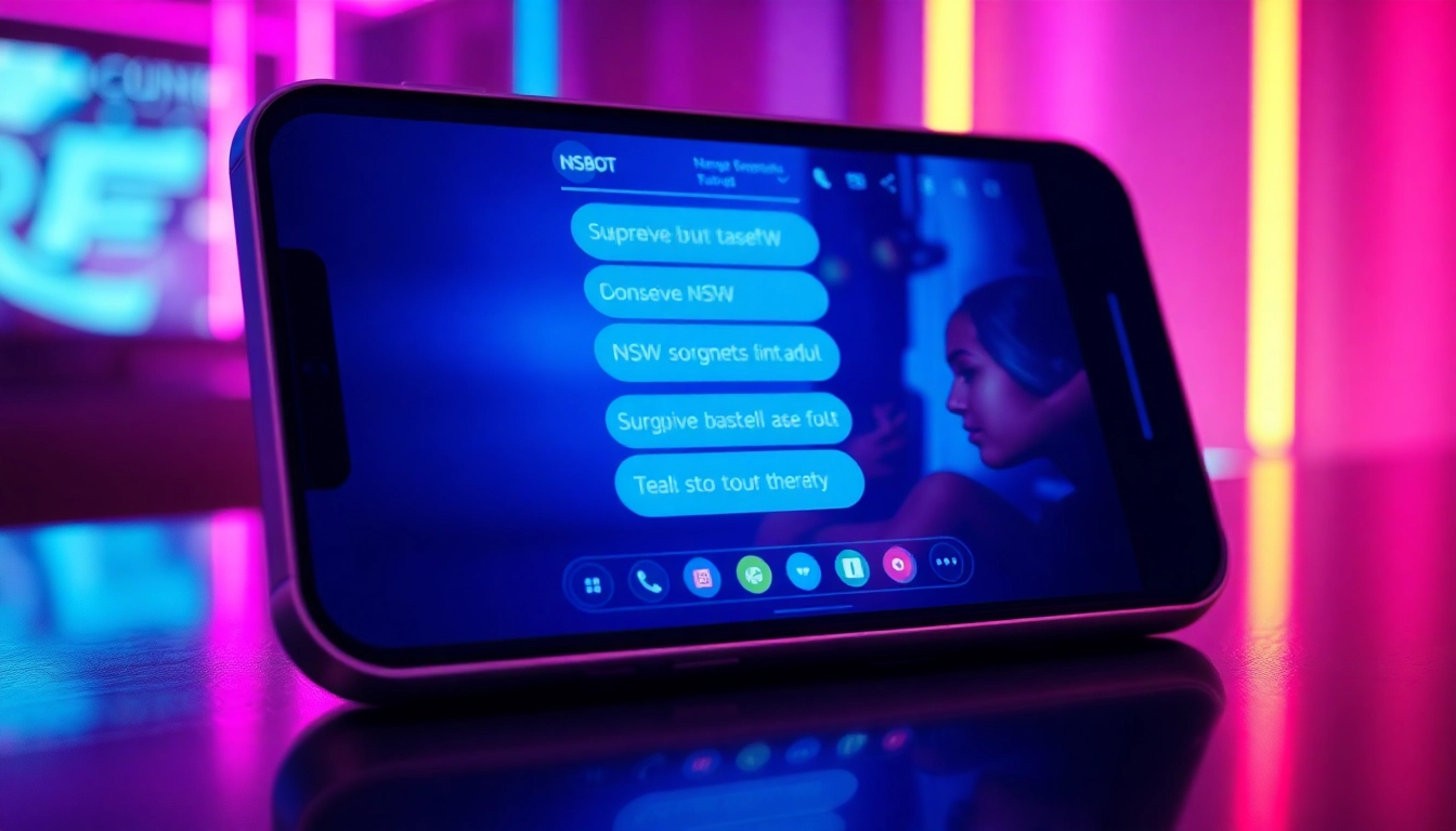Futuristic AI chat interface on a sleek device with neon-lit background, suggestive yet tasteful, glowing text bubbles, and a seductive, modern atmosphere.