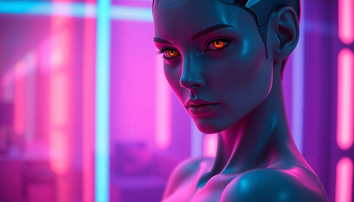 A futuristic AI character with glowing eyes in a neon-lit digital environment.