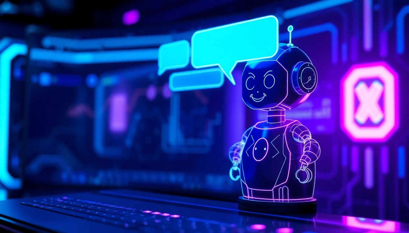 Futuristic AI chatbot interface with holographic character and glowing neon accents.