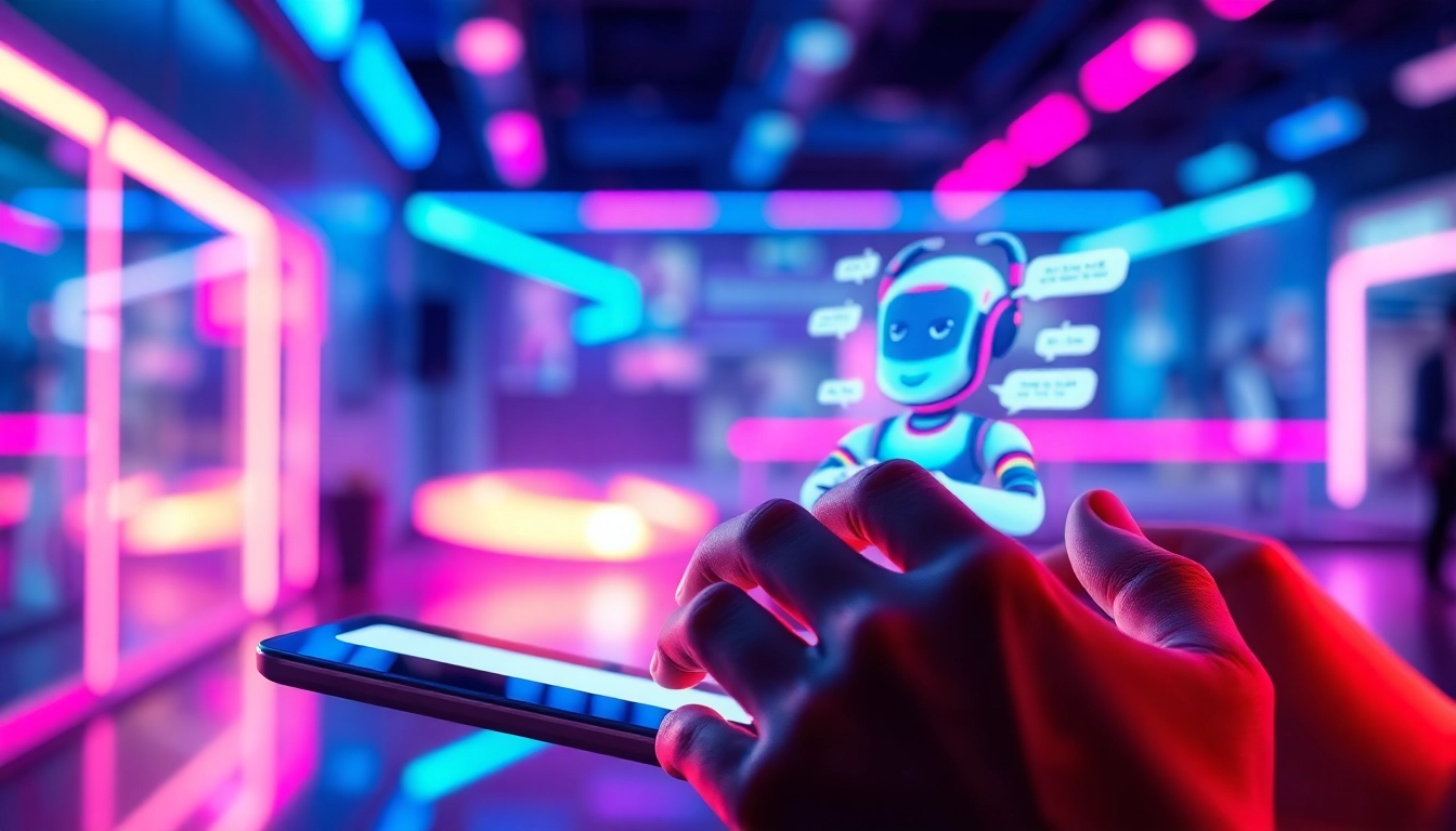 A futuristic AI chatbot interface on a device screen with a colorful animated character, neon-lit background, and a user engaged in conversation.