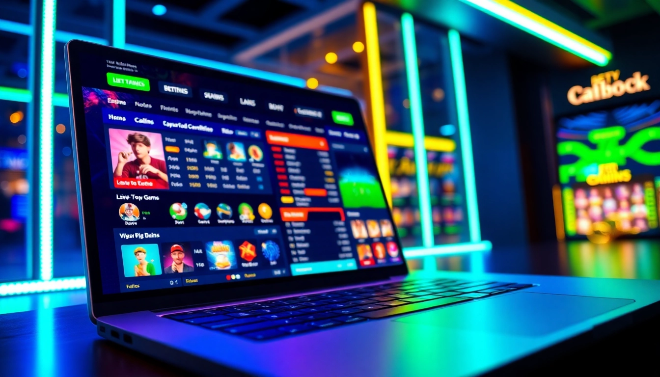 Digital illustration of an energetic online sportsbook and casino platform with colorful betting interfaces and neon lighting.