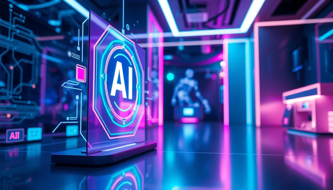 An abstract digital illustration of a futuristic AI interface with holographic displays in a modern tech environment.