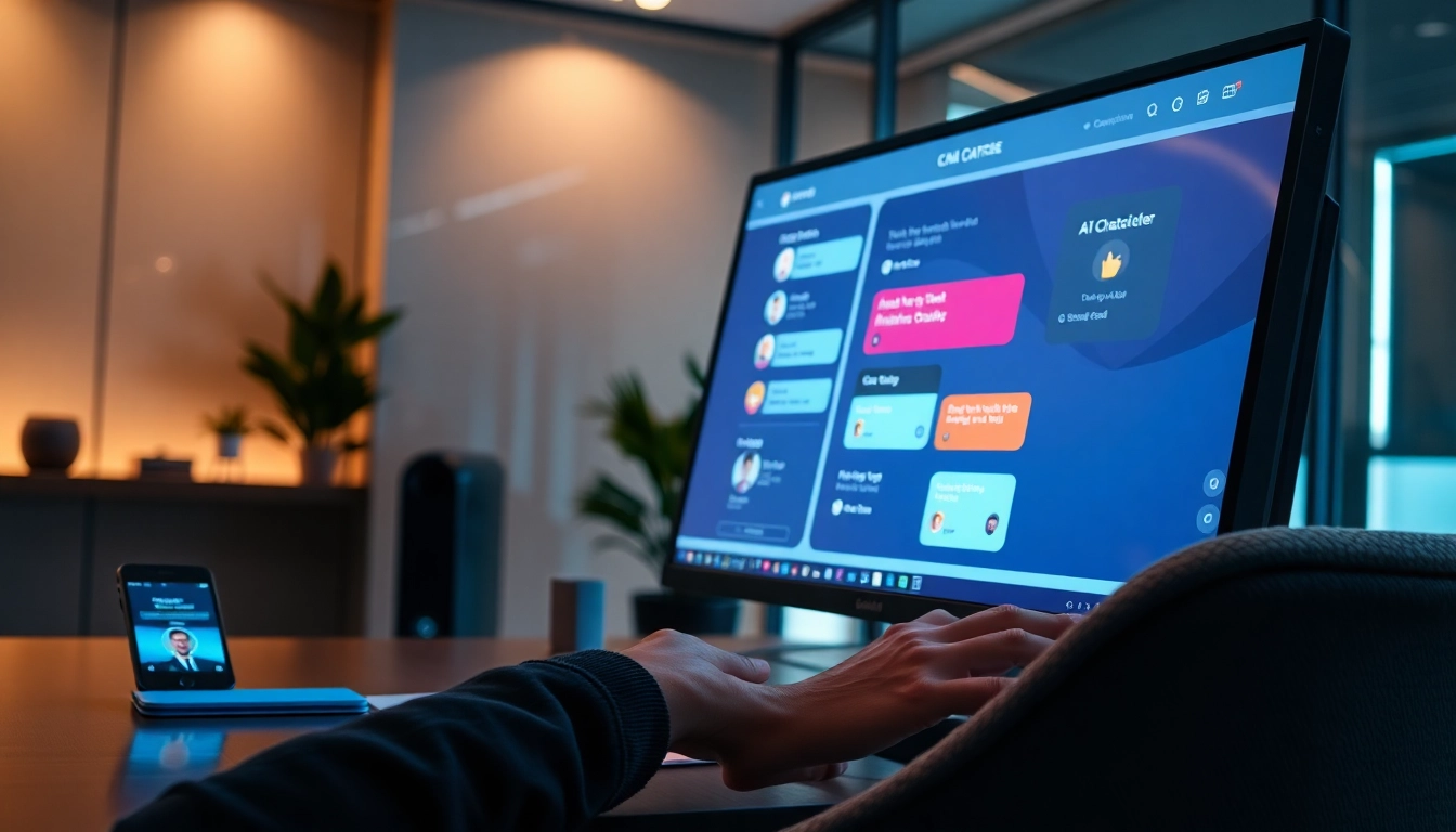 A person using a computer in a modern office, engaging with an AI chatbot interface on the screen.