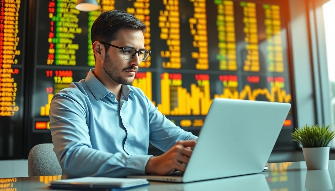 Financial analyst reviewing investment news charts with gold and stock market data for informed