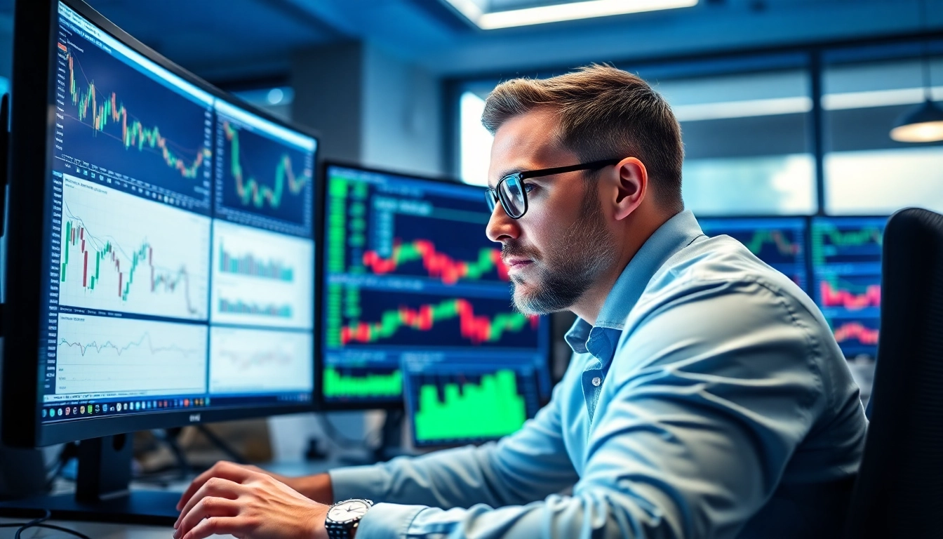 Forex Broker UK professionals analyzing trading charts on multiple screens for market success